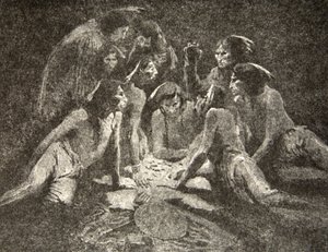 Minden öreg és fiatal férfi... Éjfélig játszottak, reggelig játszottak, Henry Wadsworth Longfellow (1807-82) The Song of Hiawatha című művéből, kiadta George G. Harrap und Company Ltd., 1911. alkotó: Frederic Remington